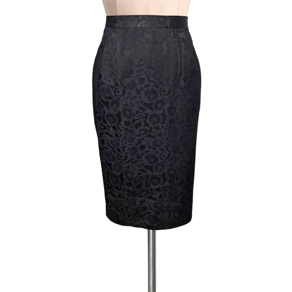 Vintage 80's 90's 100% Silk Collection High Waist Brocade Floral Black Skirt S
